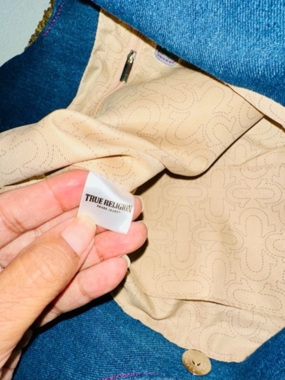 True Religion Denim Shoulder Bag with Pink Stitching - Picture 5 of 10